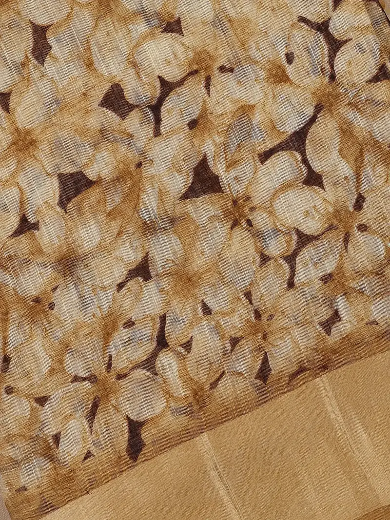Golden Beige Floral Designed Fancy Cotton Saree 2