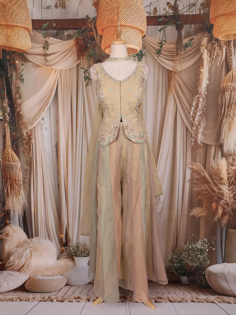 Golden Beige Floral Embroidered Organza Palazzo Suit With Dupatta 1