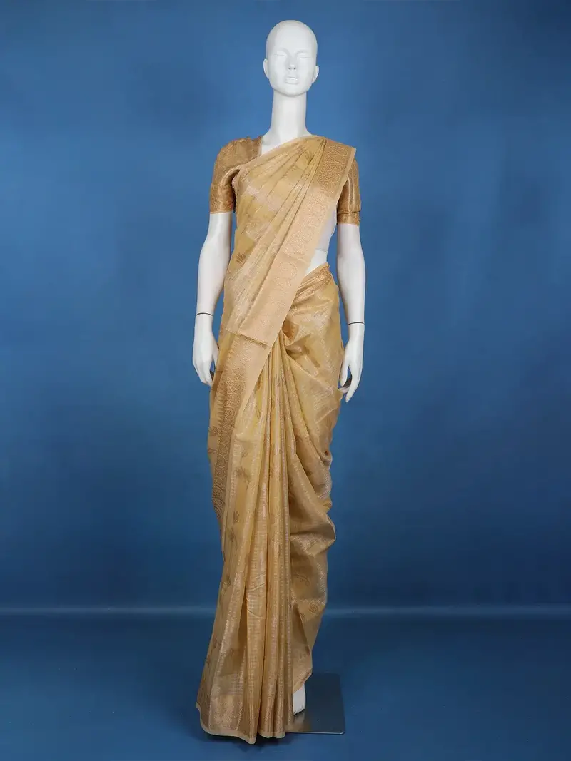 Golden Beige Floral Woven Semi Tissue Saree 1