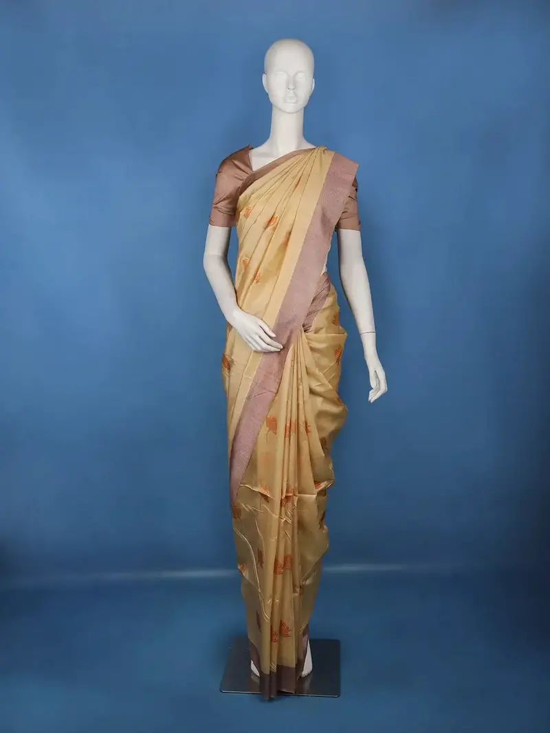 Golden Beige Lotus Motif Woven Semi Tussar Silk Saree 1
