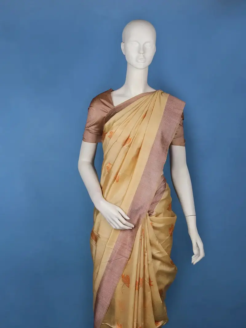 Golden Beige Lotus Motif Woven Semi Tussar Silk Saree 2