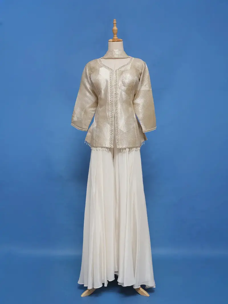 Golden Beige Solid Design Georgette Palazzo Suit 1