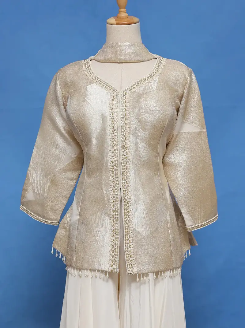 Golden Beige Solid Design Georgette Palazzo Suit 2