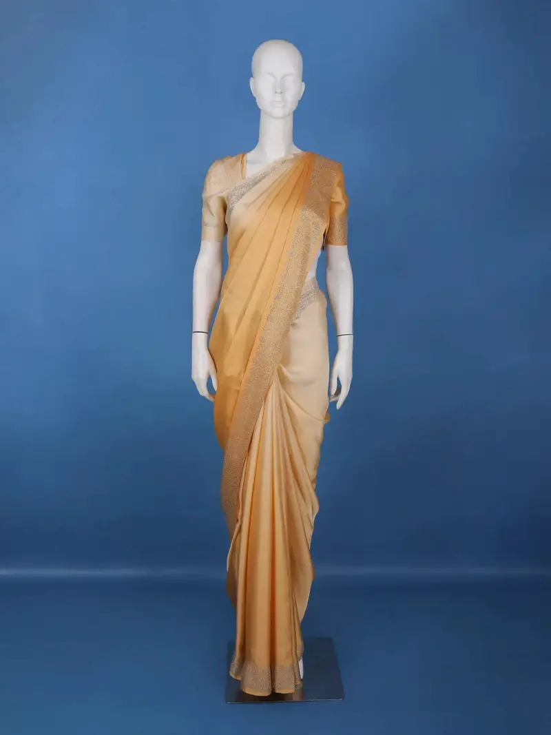 Golden Beige Stone Work Satin Saree 1
