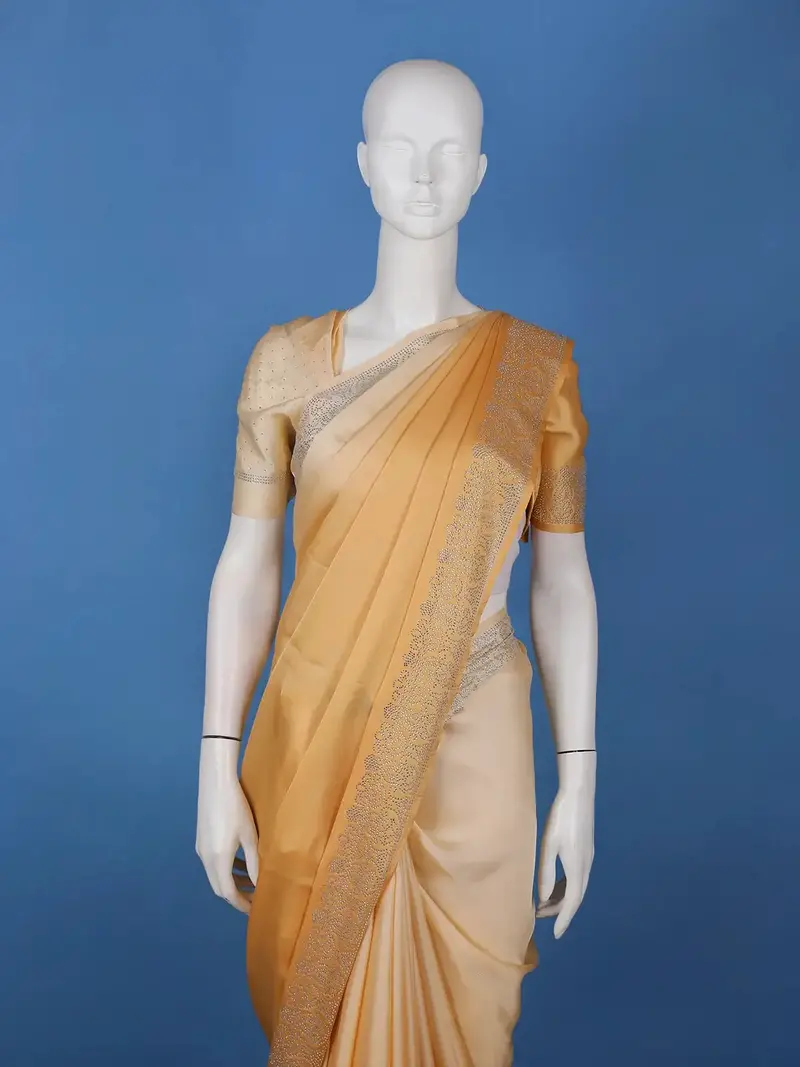 Golden Beige Stone Work Satin Saree 2