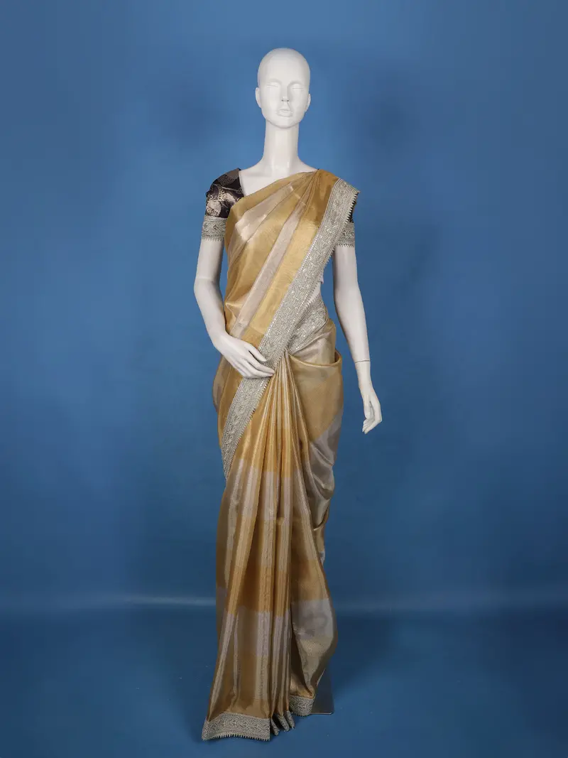 Golden Beige Striped Design Tissue Saree 1