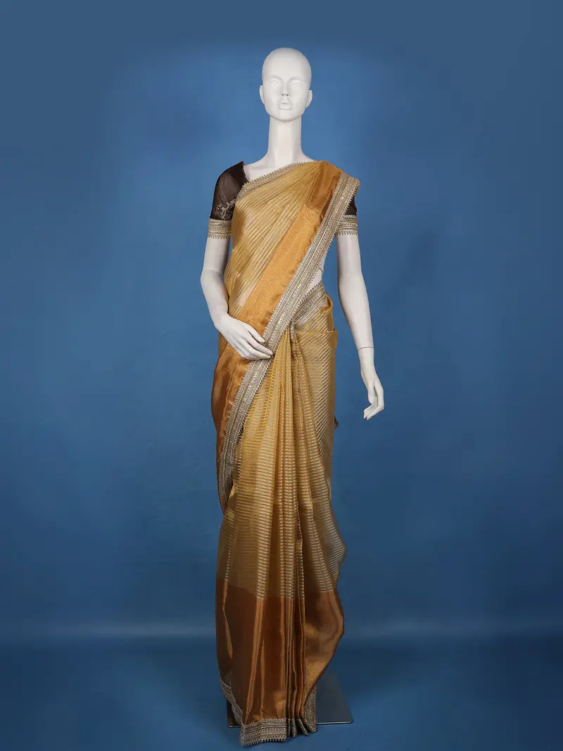 Golden Beige Striped Design Tissue Saree 1