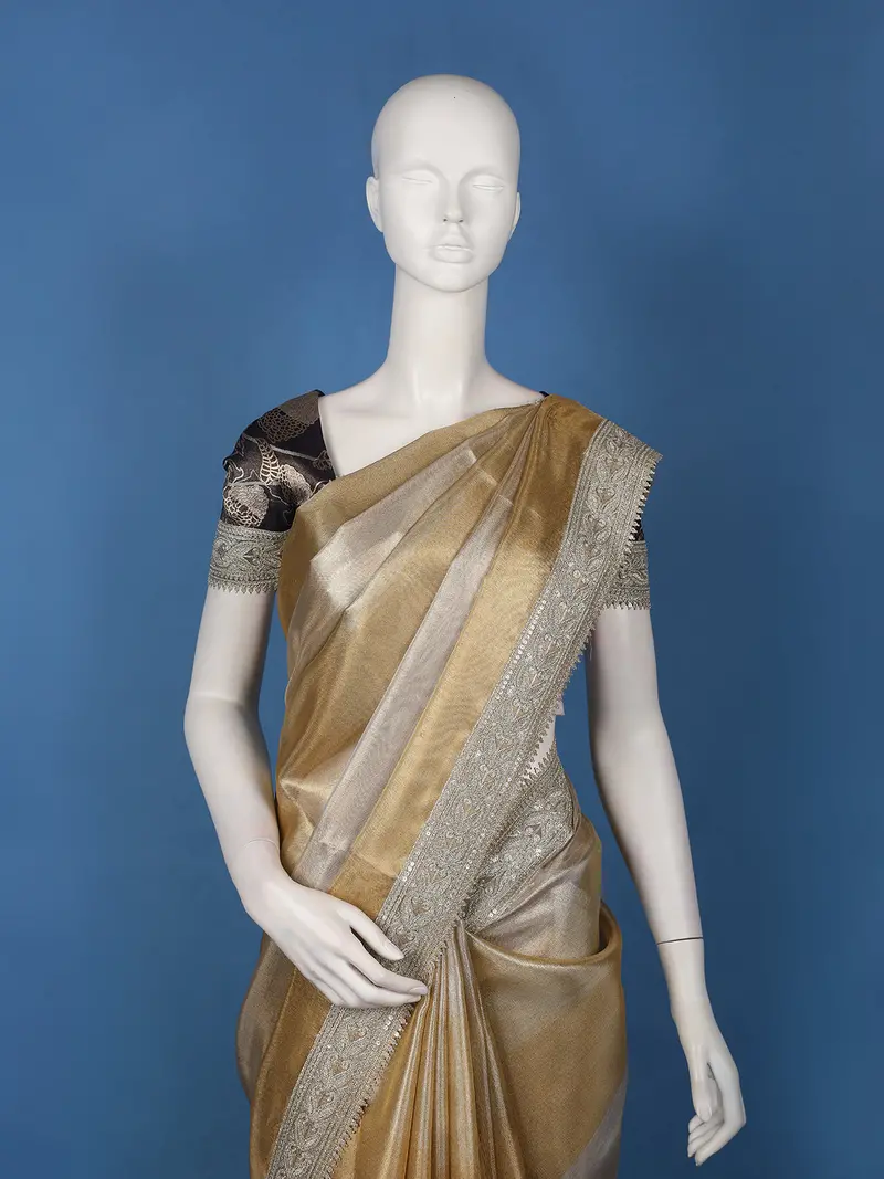 Golden Beige Striped Design Tissue Saree 2