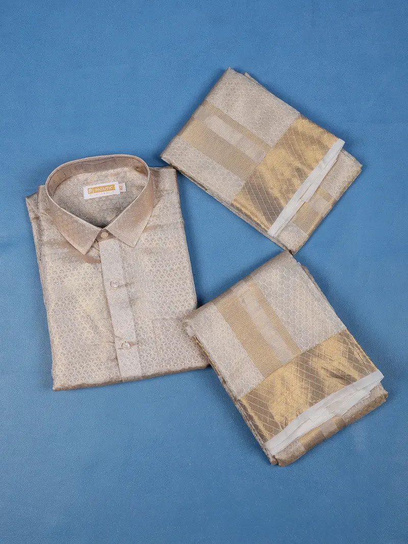 Golden Beige Woven Design Semi Silk Full-Sleeve Shirt With Matching Dhoti Set 1