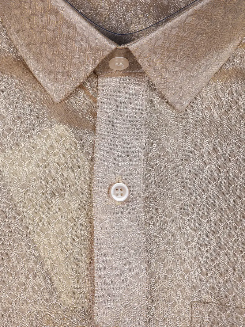 Golden Beige Woven Design Semi Silk Full-Sleeve Shirt With Matching Dhoti Set 2