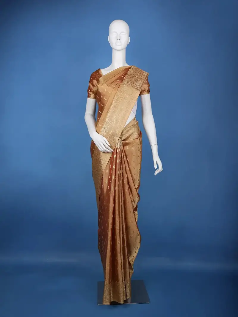 Golden Brown Floral Brocade Design Tissue Saree 1
