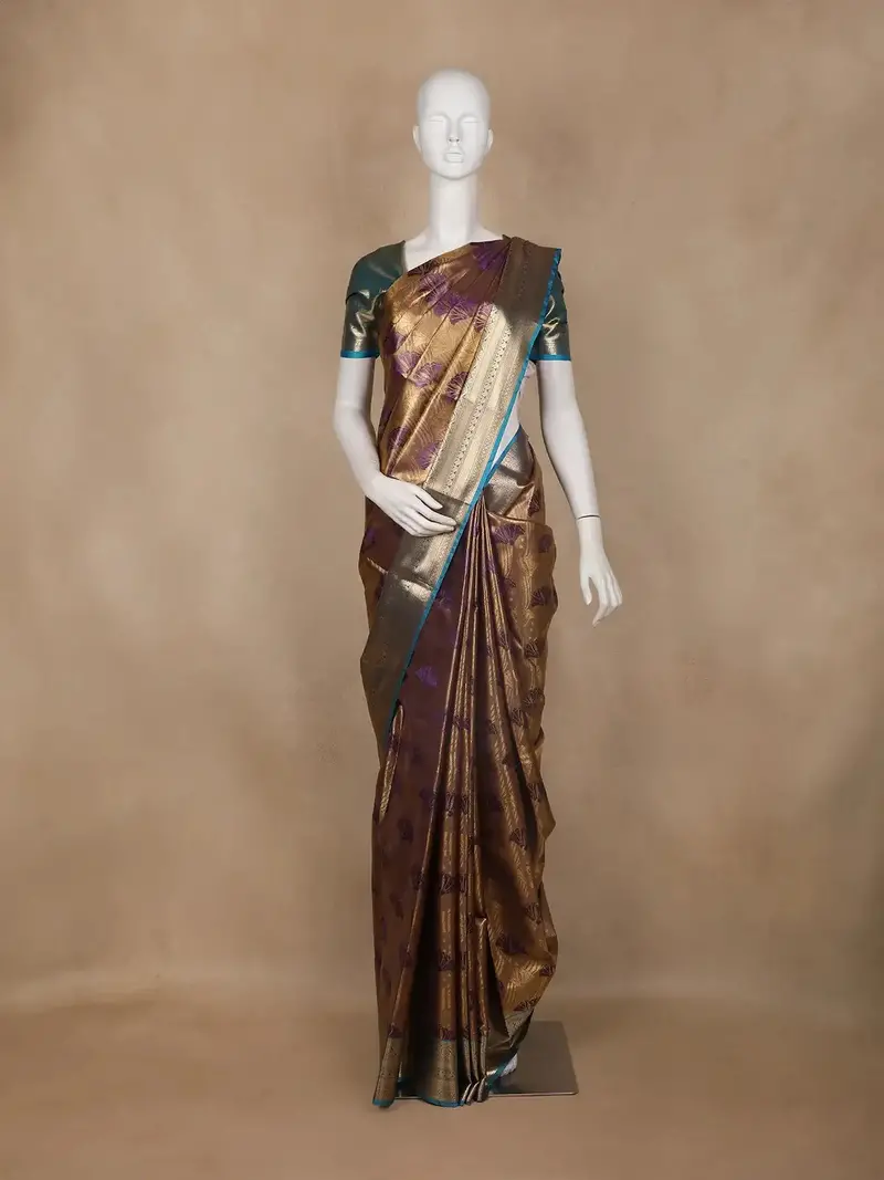 Golden Brown Floral Design Semi Tissue Silk Saree 1