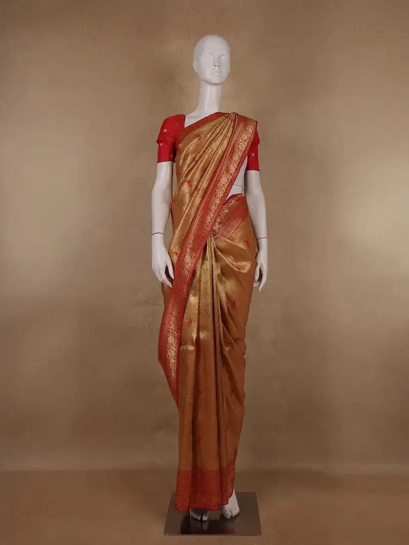 Golden-Brown Floral Design Tissue Saree 1