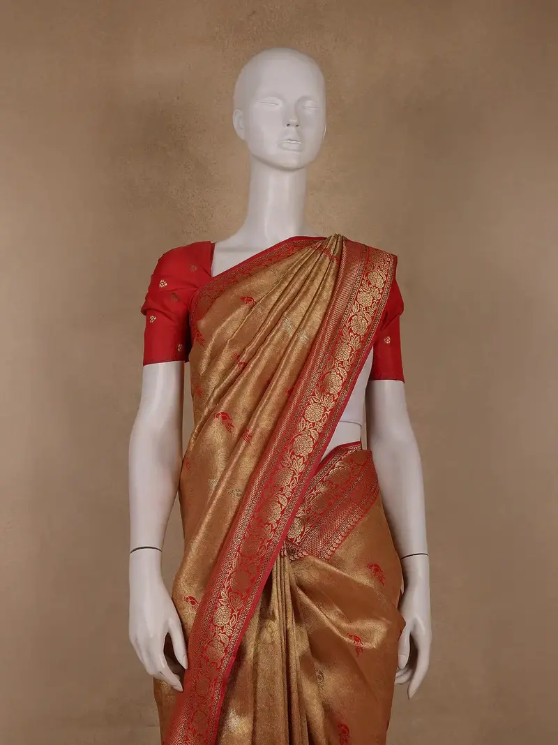 Golden-Brown Floral Design Tissue Saree 2