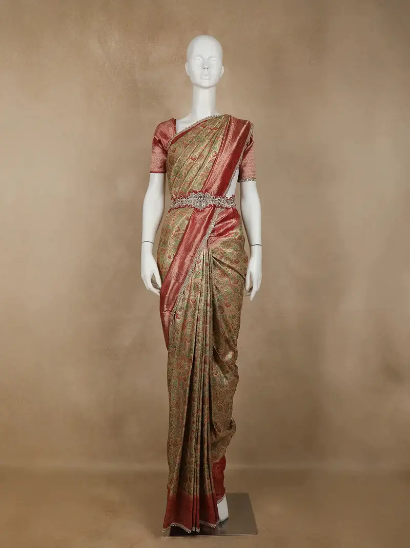 Golden Brown Floral Woven And Stone Work Banarasi Silk Saree 1