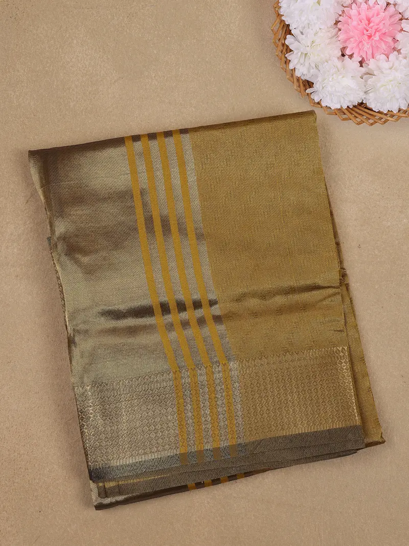 Golden Brown Striped Design Cotton Blend Saree 1