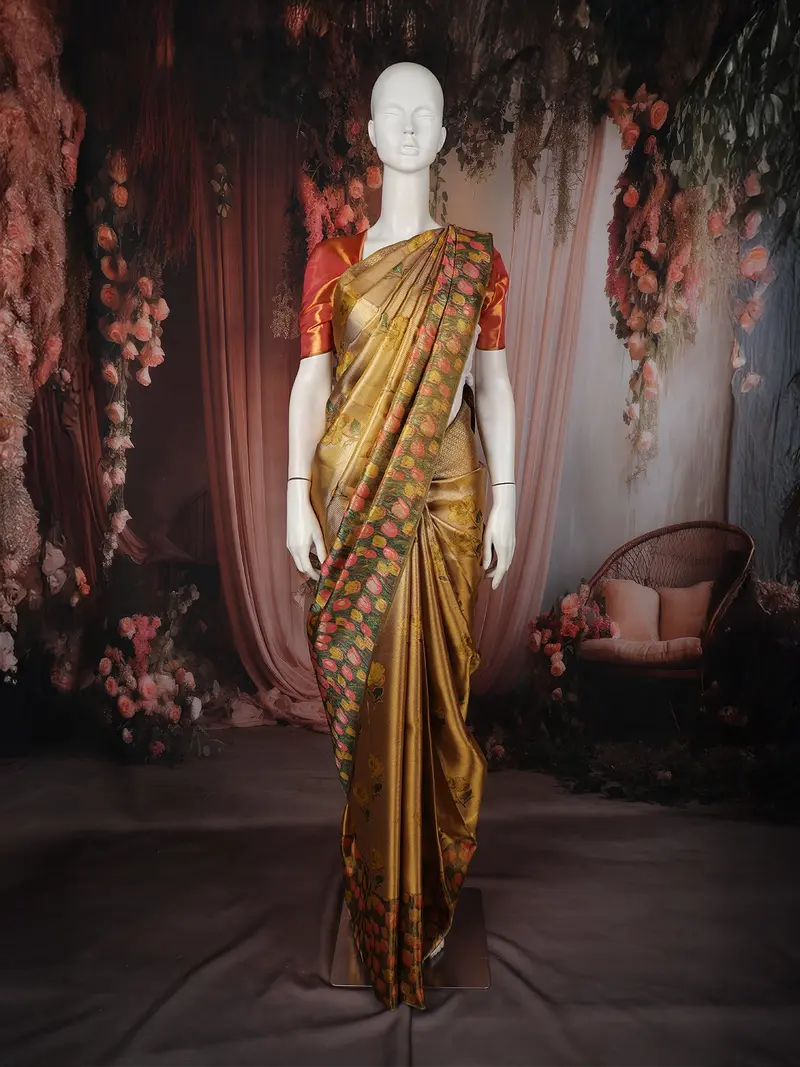 Golden Floral Woven Tissue Silk Saree With Contrast Floral Border 1