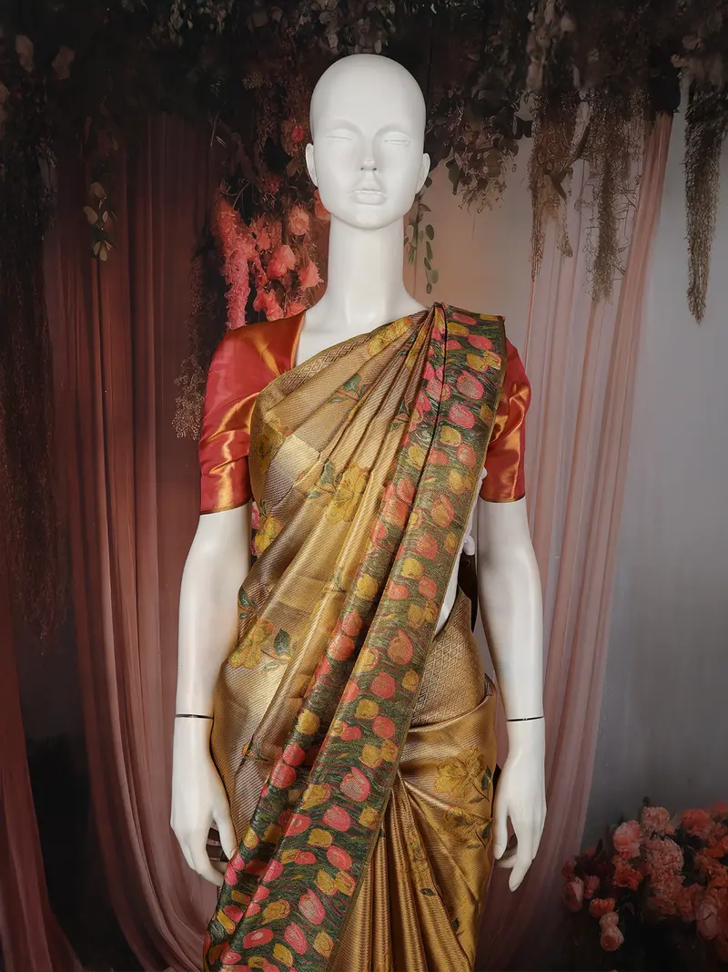 Golden Floral Woven Tissue Silk Saree With Contrast Floral Border 2