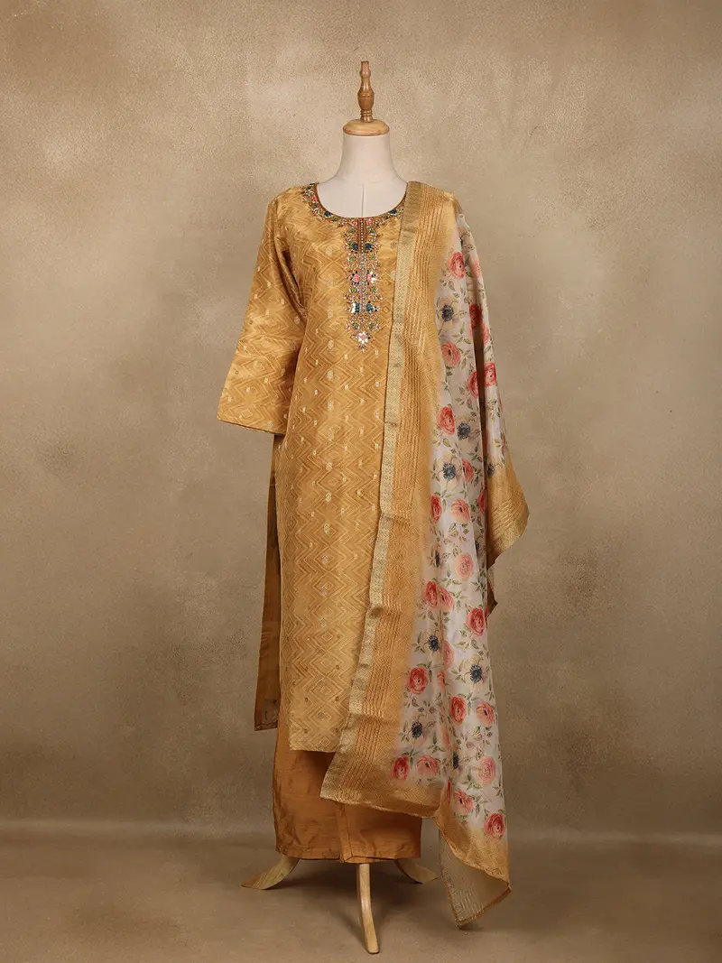 Golden Geometric Woven Tussar Silk Salwar Suit With Floral Dupatta 1