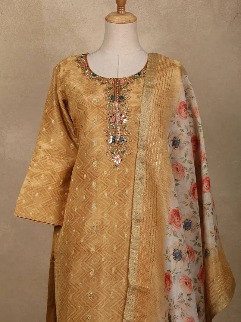 Golden Geometric Woven Tussar Silk Salwar Suit With Floral Dupatta 2
