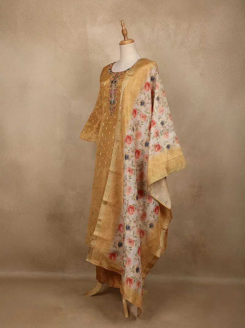 Golden Geometric Woven Tussar Silk Salwar Suit With Floral Dupatta 3