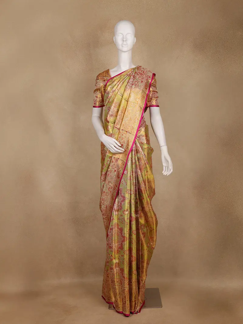 Golden Green Floral Woven Design Pure Kanchipuram Silk Saree 1