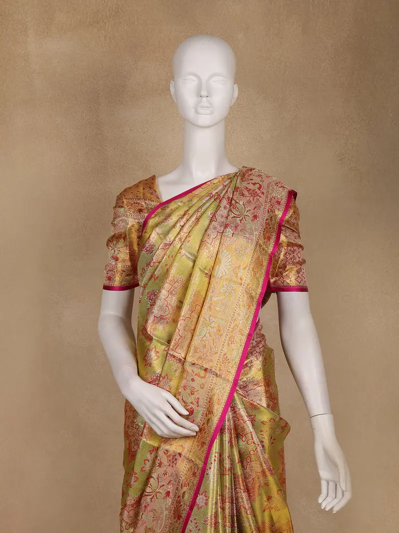 Golden Green Floral Woven Design Pure Kanchipuram Silk Saree 2
