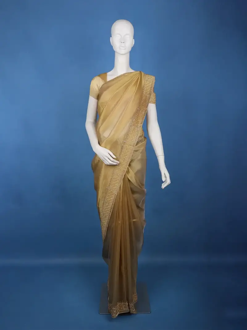 Golden Olive Embellished Tissue Organza Saree 1