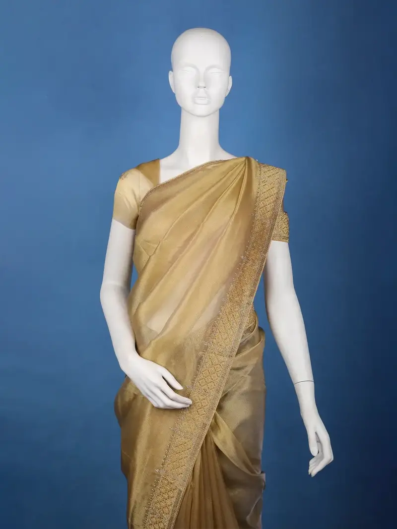 Golden Olive Embellished Tissue Organza Saree 2