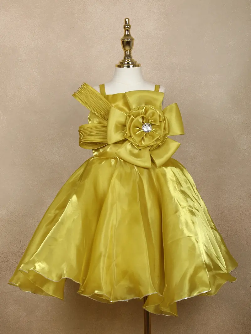Golden Satin Oversized 3D Flower Party Frock For Girls 1
