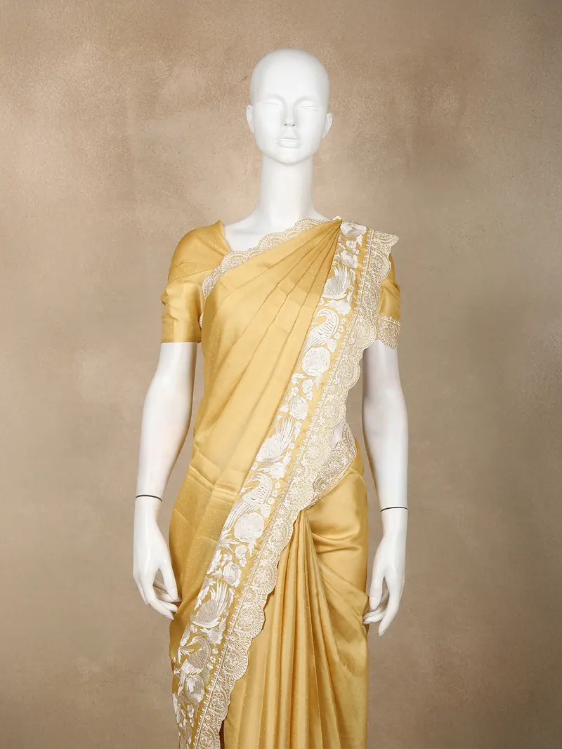 Golden Solid Design Tussar Saree With White Thread Embroidered Lace Border 2