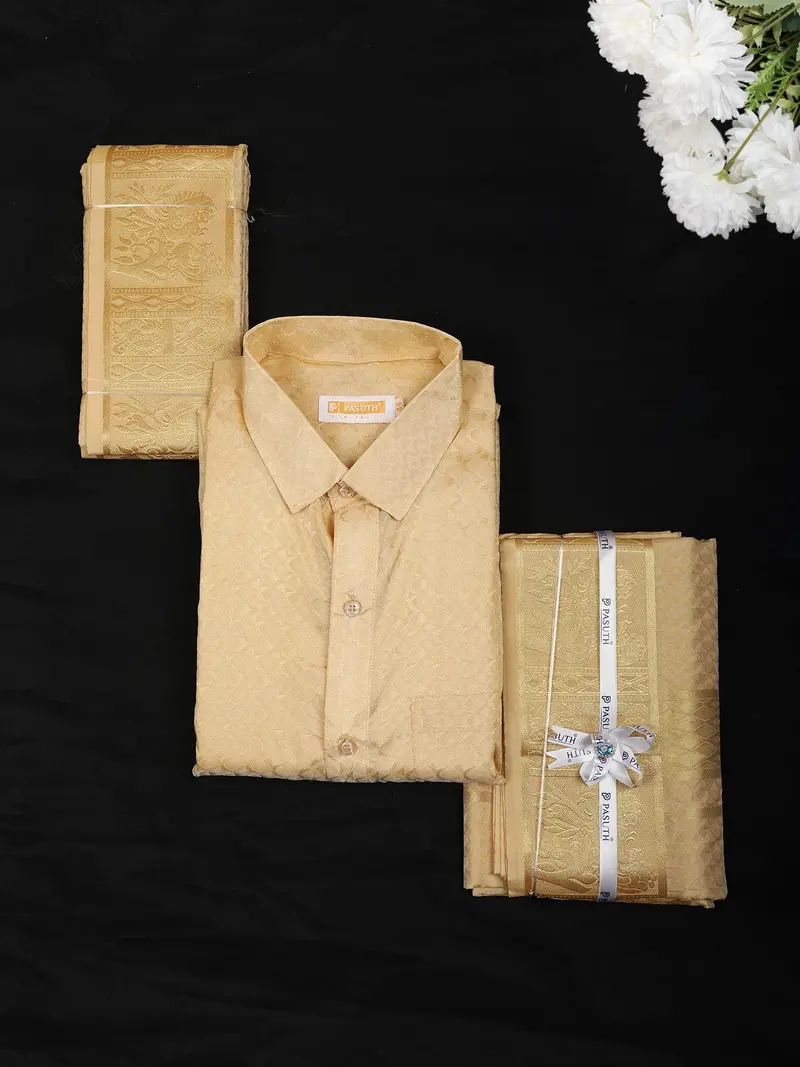 Golden Yellow Abstract Woven Design Shirt With Gold Zari Border Matching Dhoti Set 1