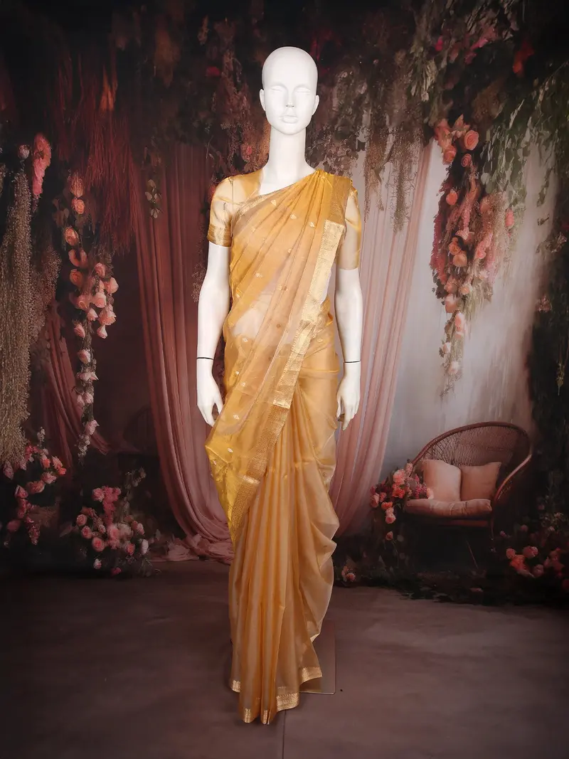 Golden Yellow Butta Woven Design Tissue Saree With Gold Zari Border 1