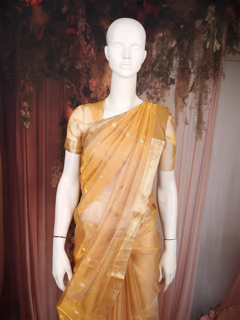 Golden Yellow Butta Woven Design Tissue Saree With Gold Zari Border 2