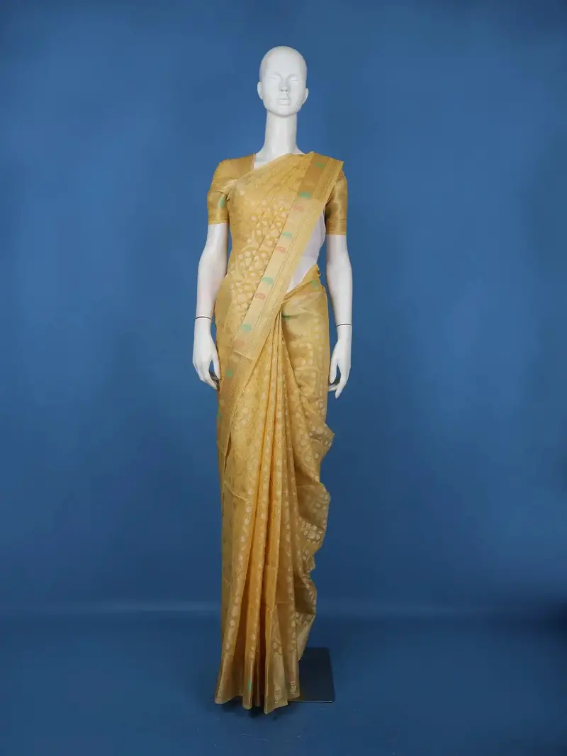 Golden Yellow Butta Woven Semi Tussar Silk Saree With Multicolor Paisley Border 1