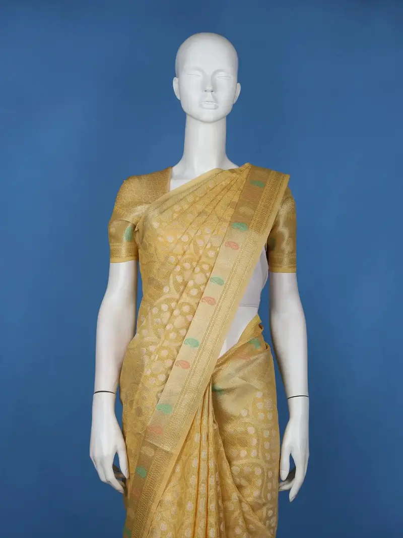 Golden Yellow Butta Woven Semi Tussar Silk Saree With Multicolor Paisley Border 2