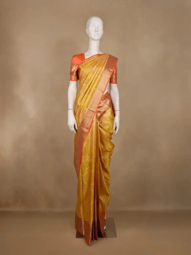 Golden Yellow Floral Woven Pure Kanchipuram Silk Saree 1