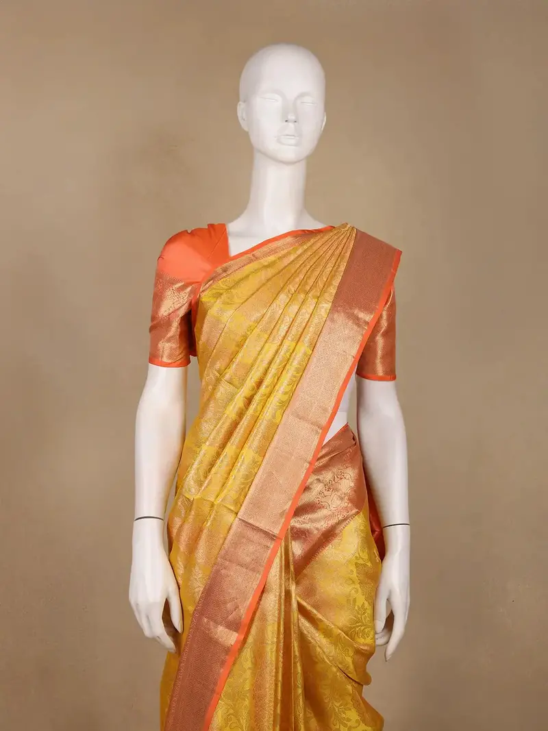 Golden Yellow Floral Woven Pure Kanchipuram Silk Saree 2
