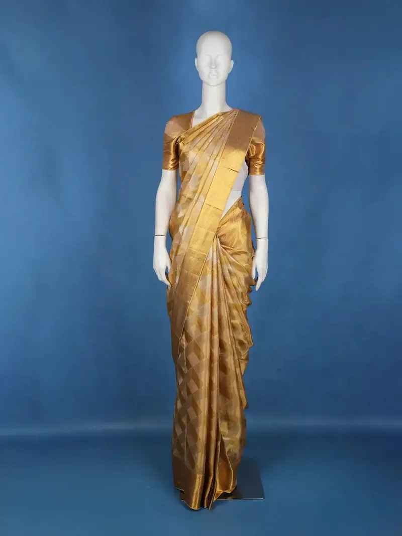 Golden Yellow Geometric Woven Design Pure Kanchipuram Tissue Silk Saree 1