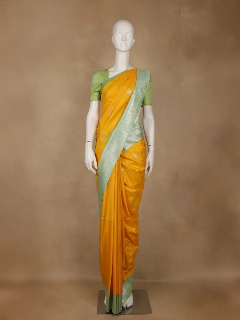 Golden Yellow Leaf Woven Soft Silk Saree With Mint Green Contrast Border 1