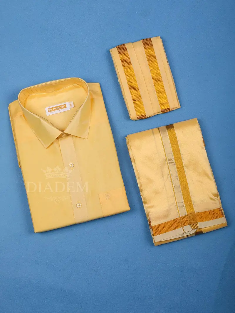 Golden Yellow Plain Semi Silk Full-Sleeve Shirt With Matching Dhoti Set 1
