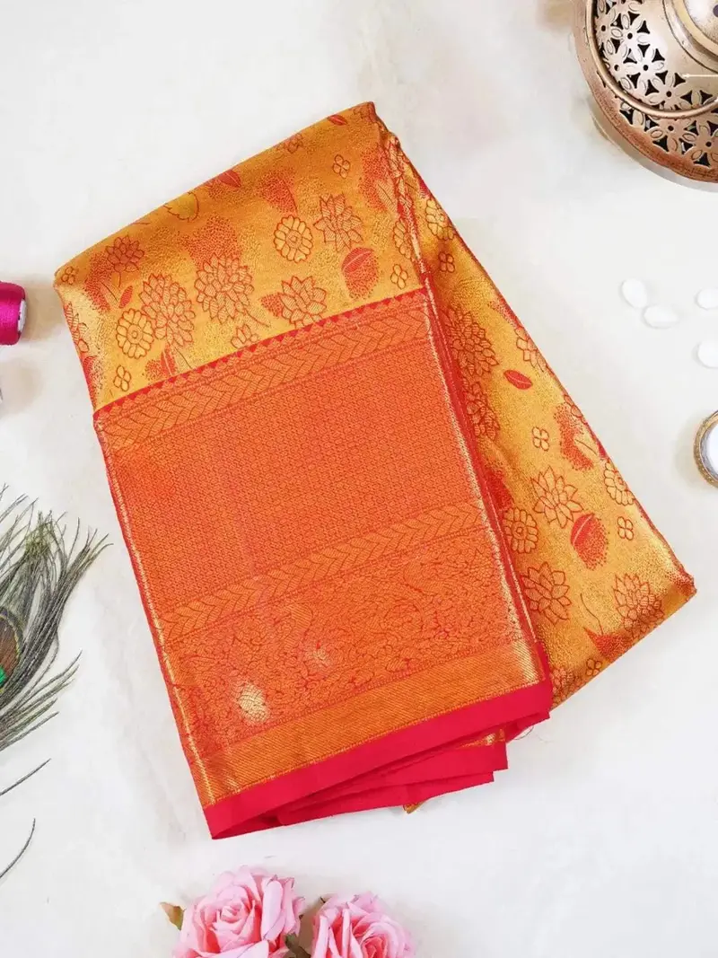 Golden Yellow Pure Kanchipuram Bridal Silk Saree With Zari Floral Motifs & Border 1