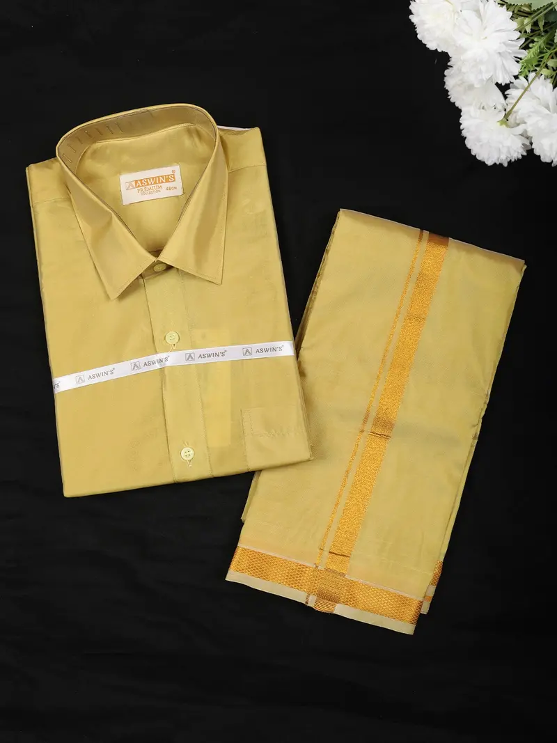 Golden Yellow Solid Woven Design Shirt With Zari Border Matching Dhoti Set 1