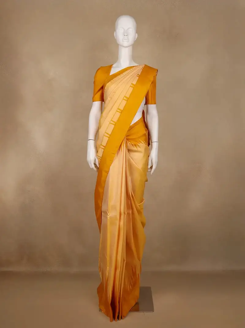 Golden Yellow Solid Woven Pure Silk Saree With Temple Border 1