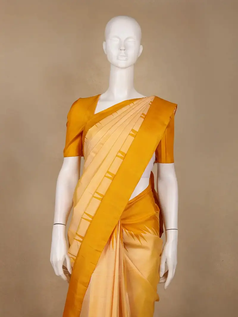 Golden Yellow Solid Woven Pure Silk Saree With Temple Border 2