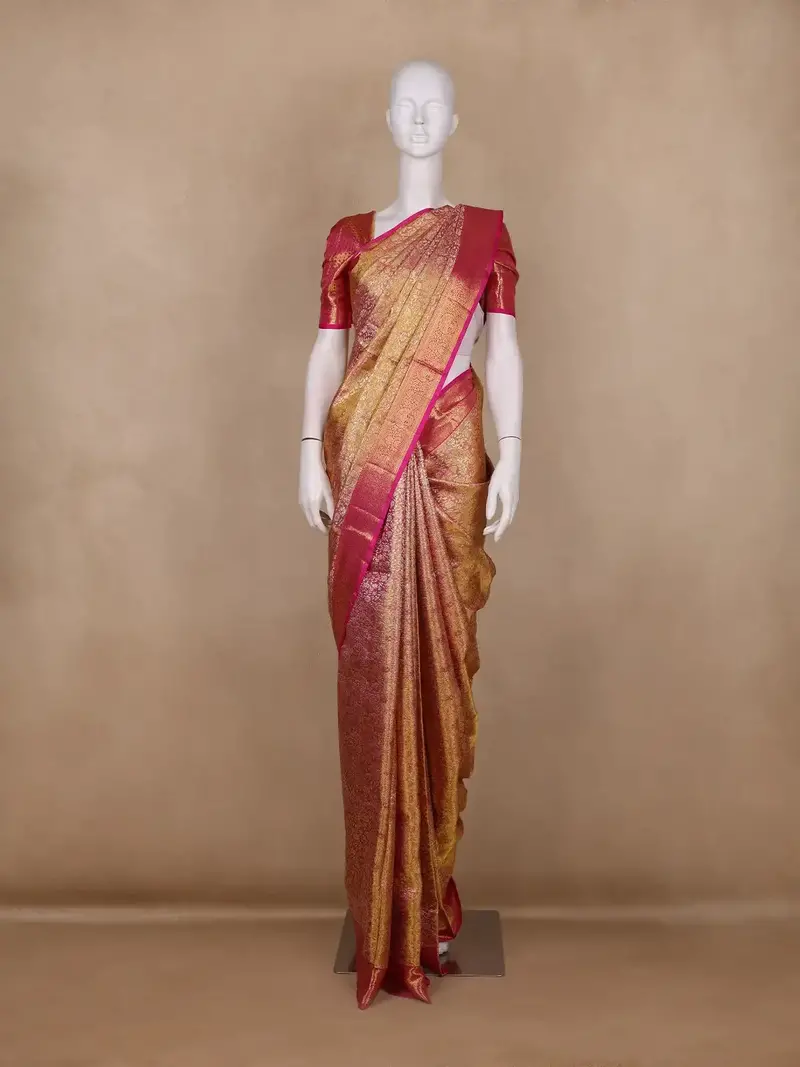 Golden Yellow With Pink Floral Design Pure Kanchipuram Silk Saree 1