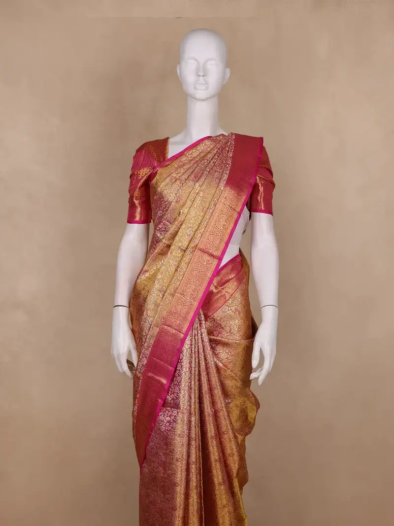 Golden Yellow With Pink Floral Design Pure Kanchipuram Silk Saree 2