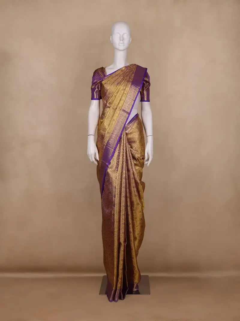 Golden Yellow With Purple Floral Design Pure Kanchipuram Silk Saree 1