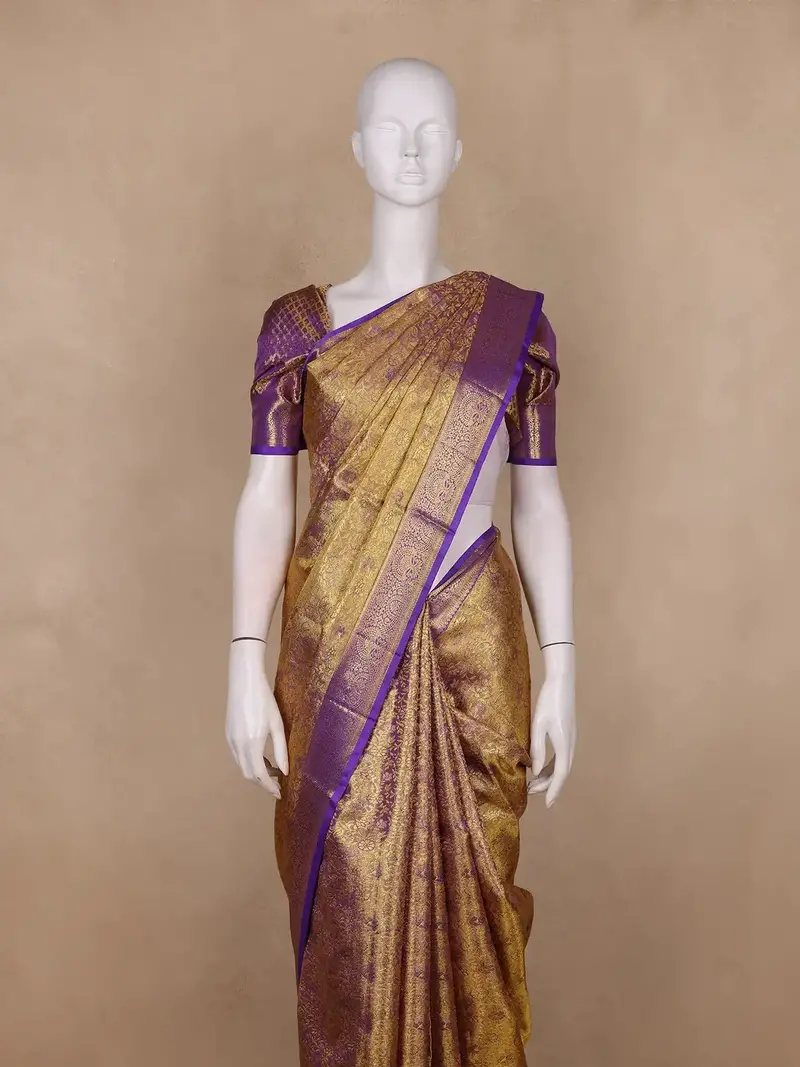 Golden Yellow With Purple Floral Design Pure Kanchipuram Silk Saree 2