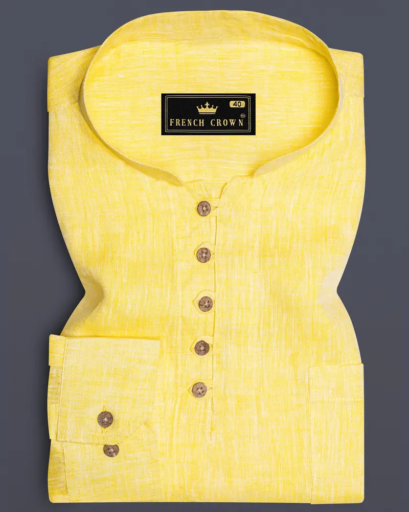 Goldenaura-Primrose Yellow Solid Luxurious Linen Casual Kurta Shirt 1